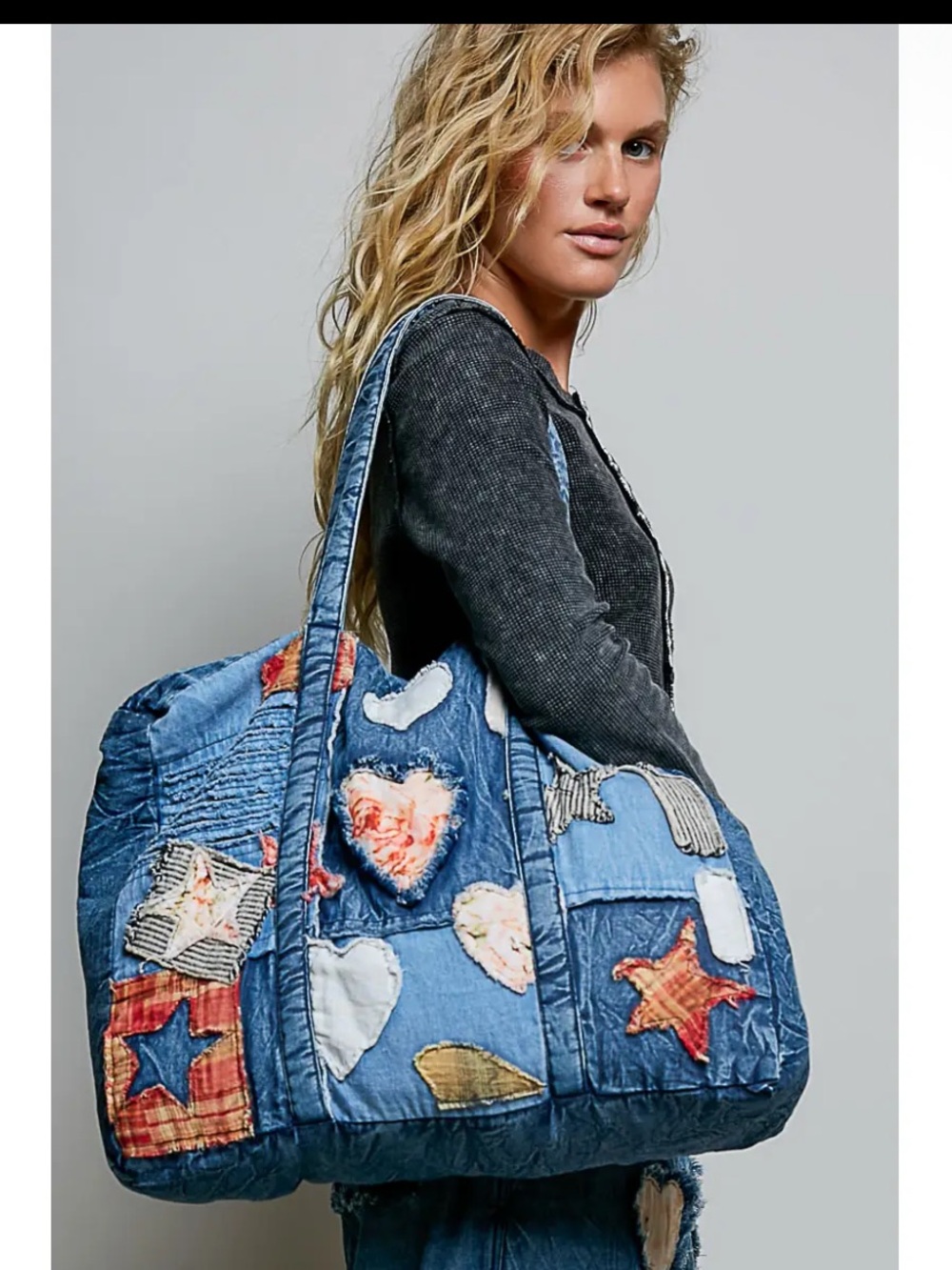 Unique mix patchwork denim vintage tote bag